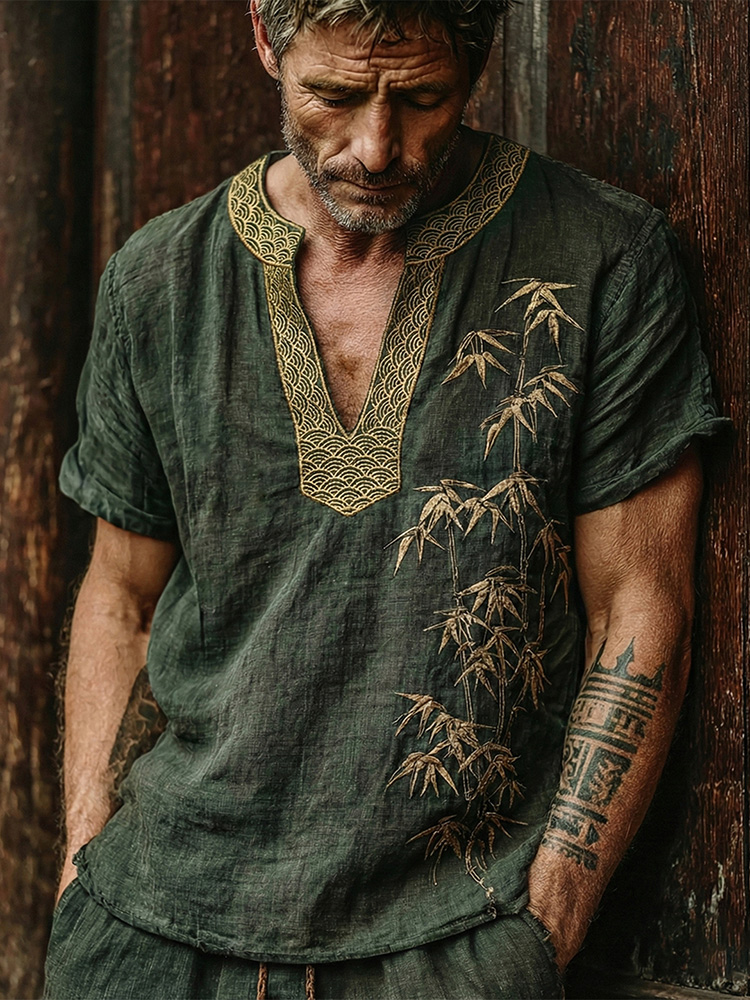 Men's Japanese Bamboo Waves Art Cozy Linen V Neck Shirt - Green