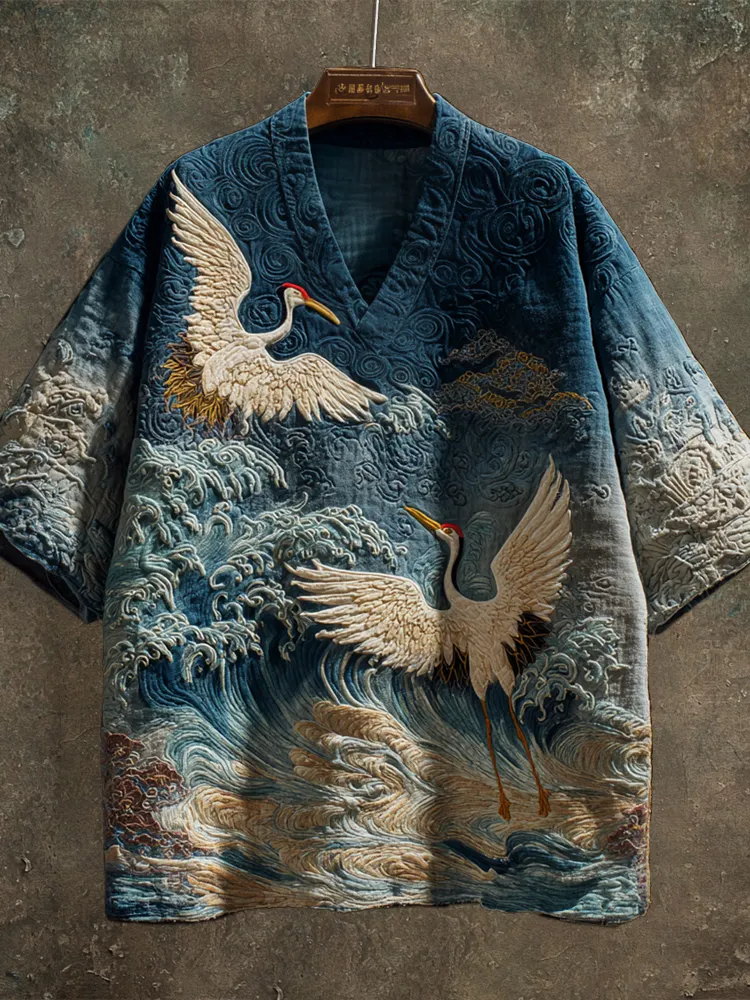 Vintage Japanese Crane Art Men's Linen V-neck Shirt - Blue