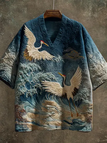 Vintage Japanese Crane Art Men's Linen V-neck Shirt - Blue