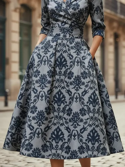 Midi Linen Dress, Half Sleeve, Shawl Collar, Paisley, Pocket Design, Vintage, Blue - Blue