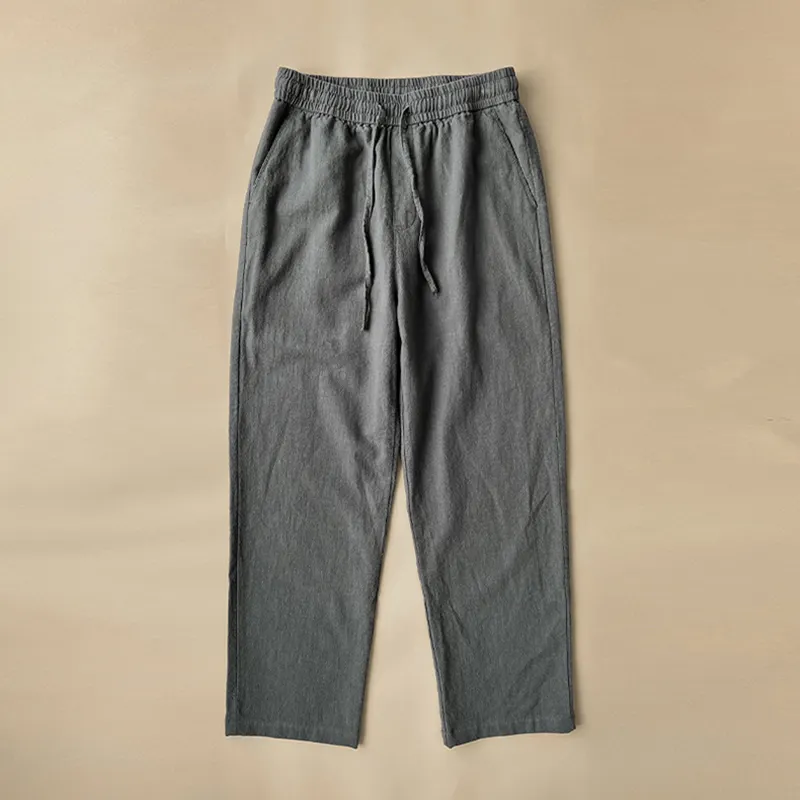 Men's Vintage Elastic Waist Drawstring Casual Cotton Linen Pants - Navy blue