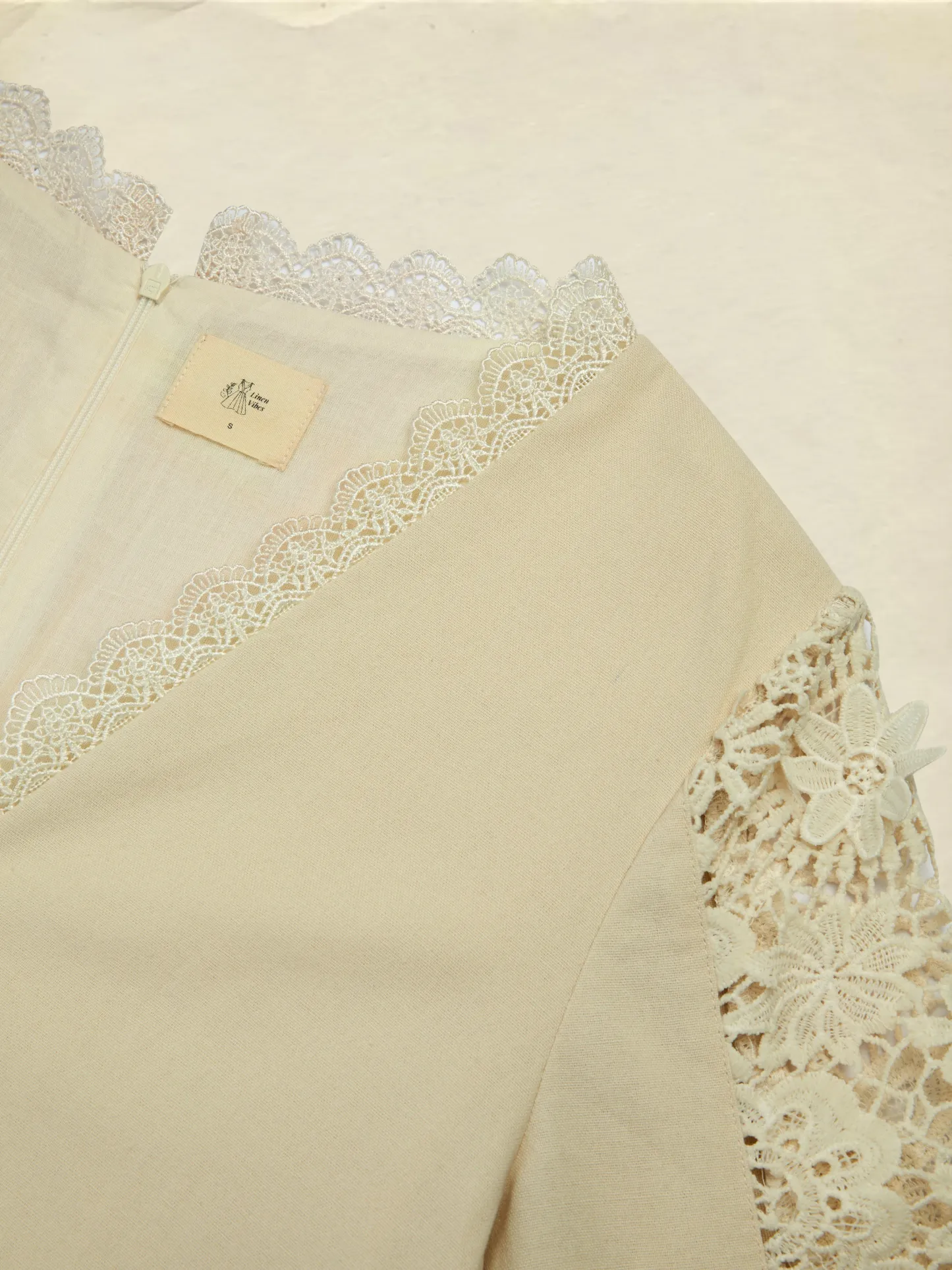 Midi Linen Dress, Long Sleeves, Plain, Lace, French Vintage, Apricot - Apricot