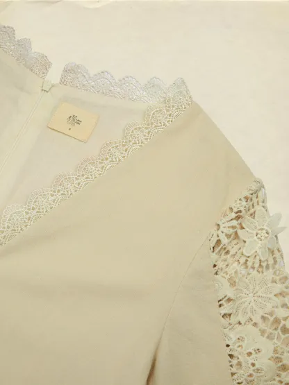 Midi Linen Dress, Long Sleeves, Plain, Lace, French Vintage, Apricot - Apricot