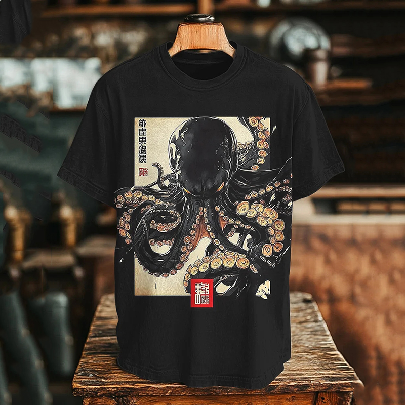 Men's Dark Octopus Japanese Art Print T-shirt - Black