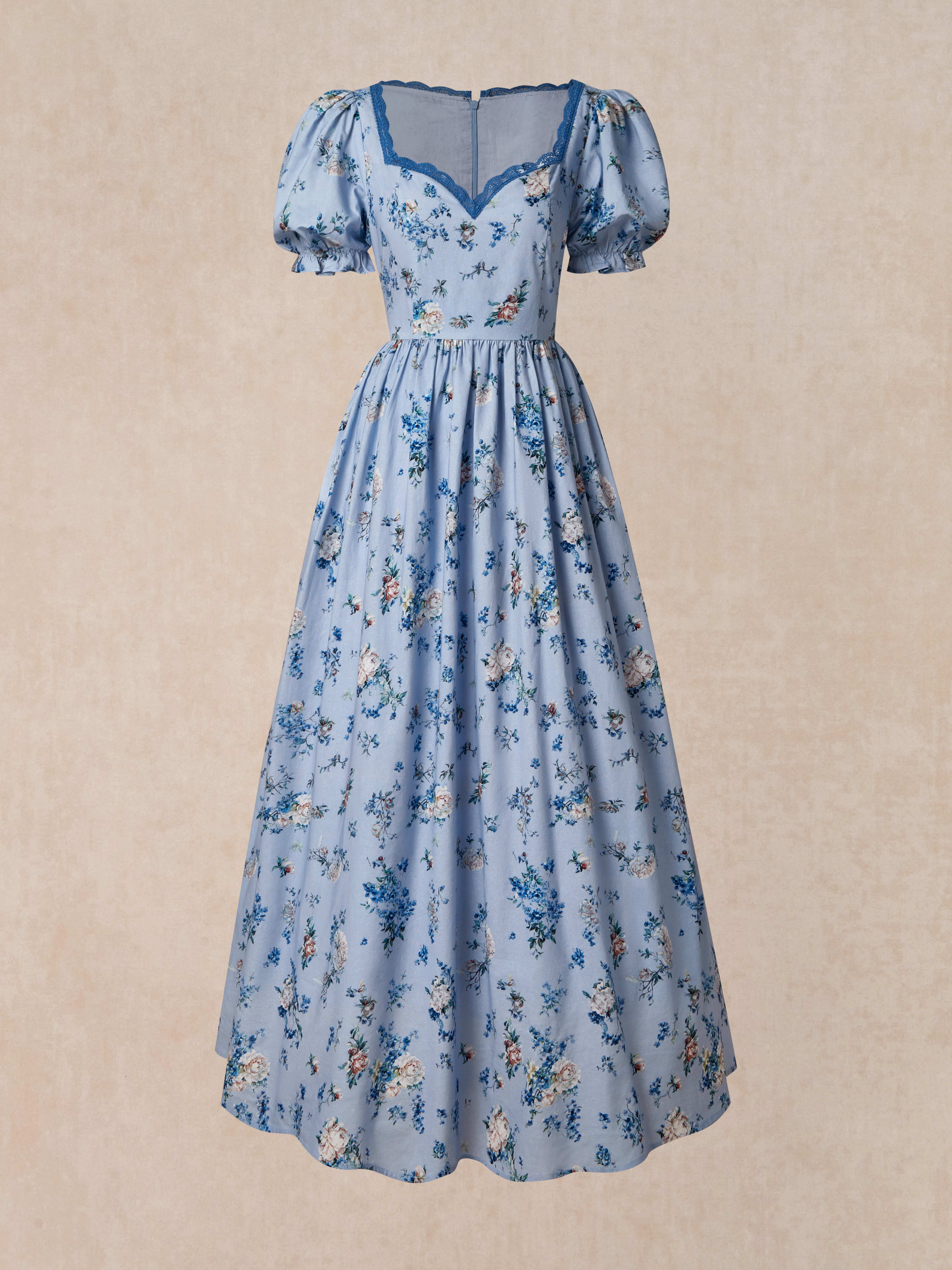 Maxi Linen Dress, Puff Sleeves, Crew Neck, Floral, Linen Blend, Blue - Blue