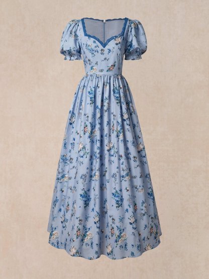 Maxi Linen Dress, Puff Sleeves, Crew Neck, Floral, Linen Blend, Blue - Blue