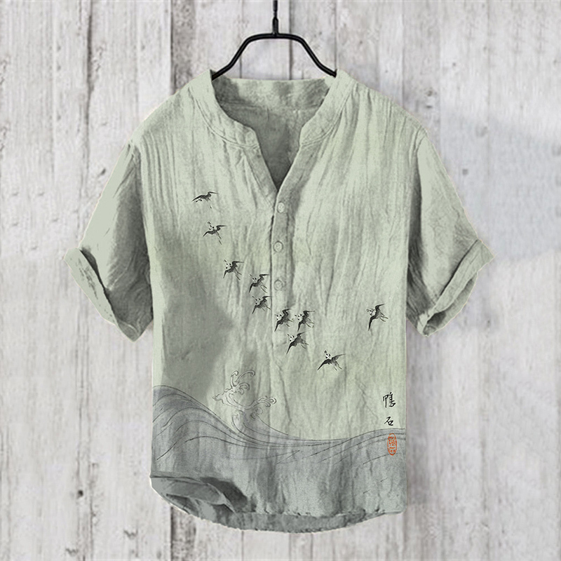 Men'sVintage Japanese Birds Waves Art Prints Linen Blend Shirt - Beige