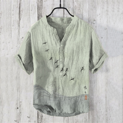 Men'sVintage Japanese Birds Waves Art Prints Linen Blend Shirt - Beige