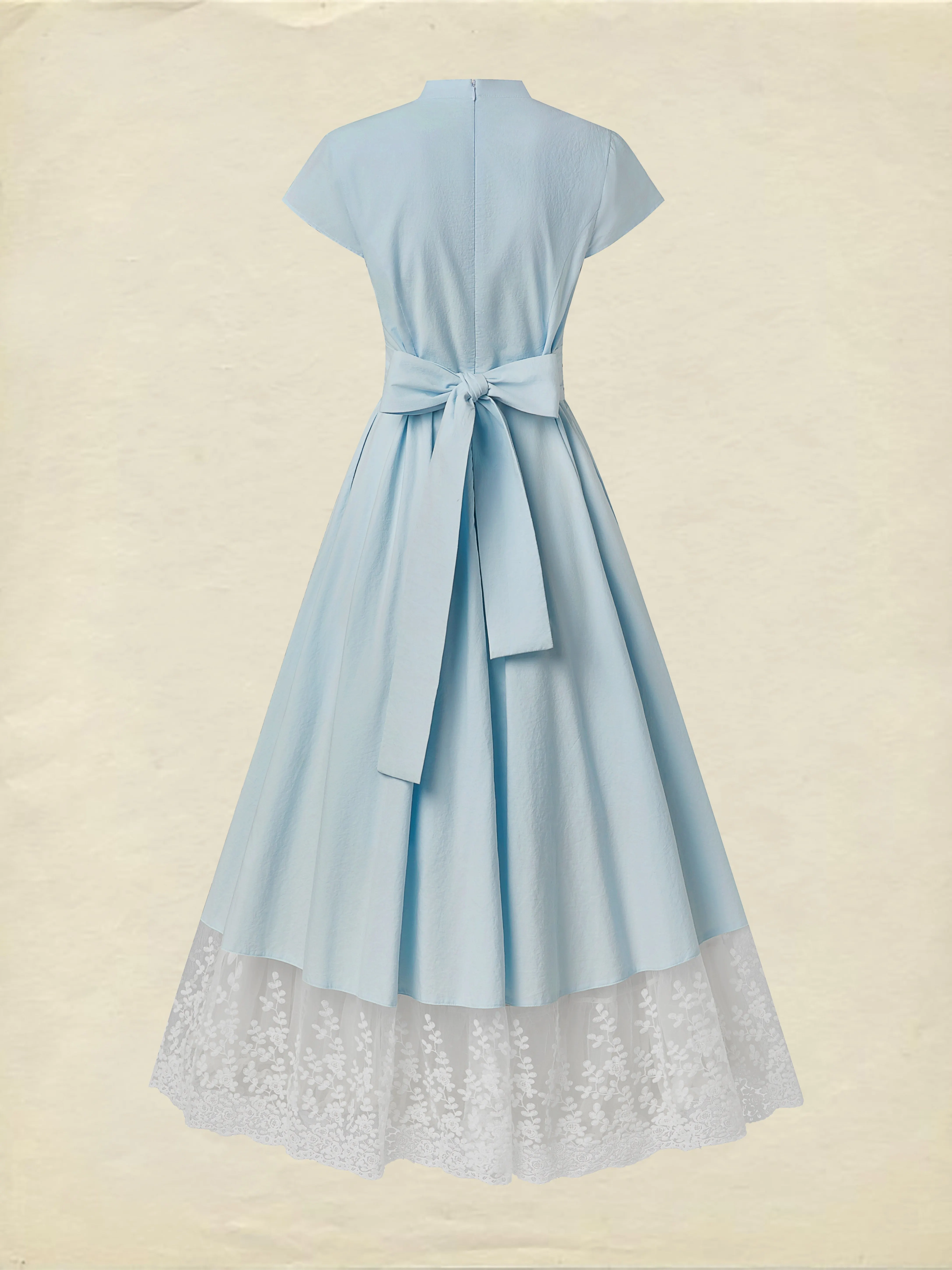 Maxi Cotton Dress , Short Sleeves, V Neck, Plain, Lace, French Vintage, Aqua blue - Aqua blue