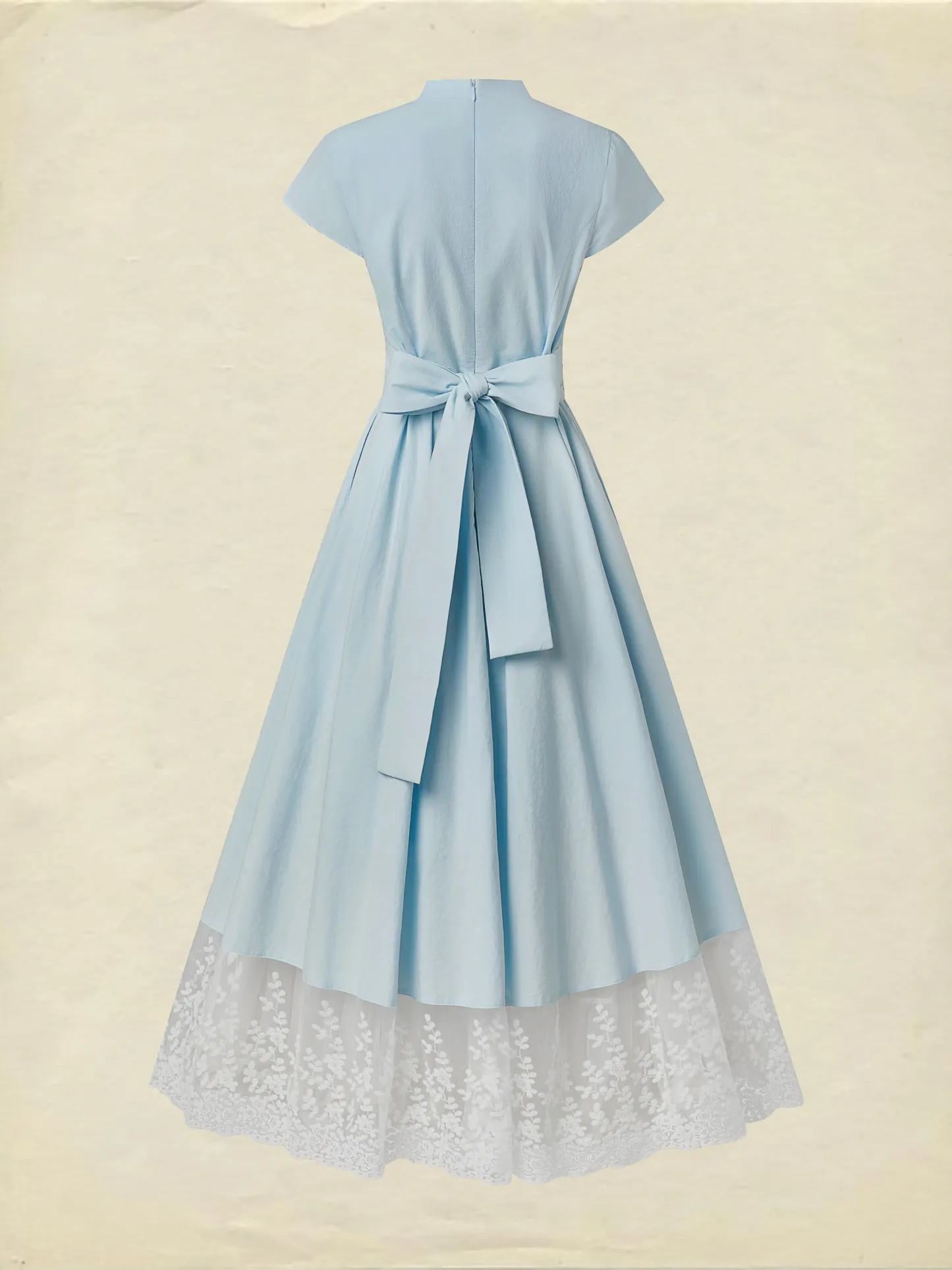 Maxi Cotton Dress , Short Sleeves, V Neck, Plain, Lace, French Vintage, Aqua blue - Aqua blue