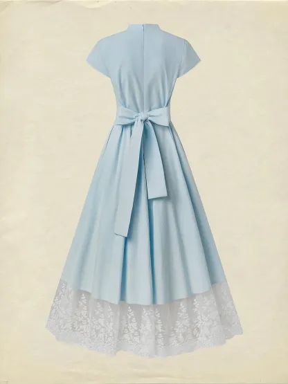 Maxi Cotton Dress , Short Sleeves, V Neck, Plain, Lace, French Vintage, Aqua blue - Aqua blue