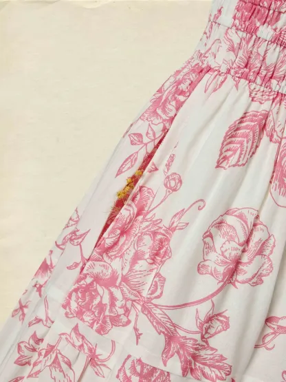 Maxi Cotton Dress, Short Sleeves, V Neck, Floral, Vintage, Apricot - Apricot