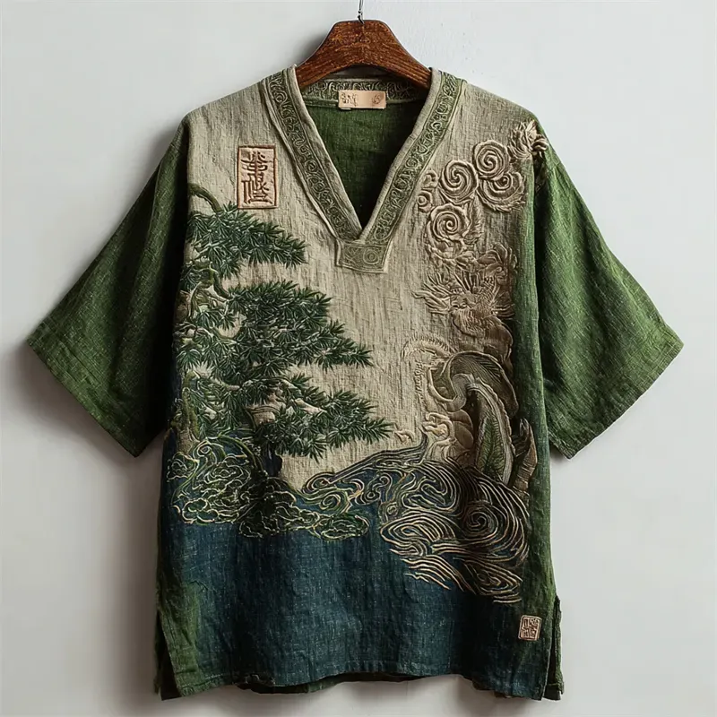 Japanese Pine Tree & Sea Waves Embroidered Contrast Linen Shirt - Green