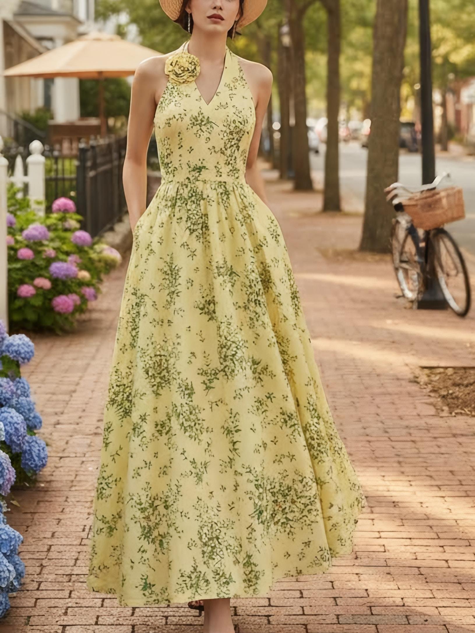 Maxi Cotton Dress, Sleeveless, V Neck, Floral, 3D Floral (Detachable), Vacation, Vintage, Yellow - Yellow
