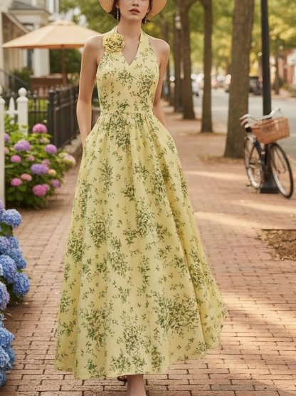 Maxi Cotton Dress, Sleeveless, V Neck, Floral, 3D Floral (Detachable), Vacation, Vintage, Yellow - Yellow