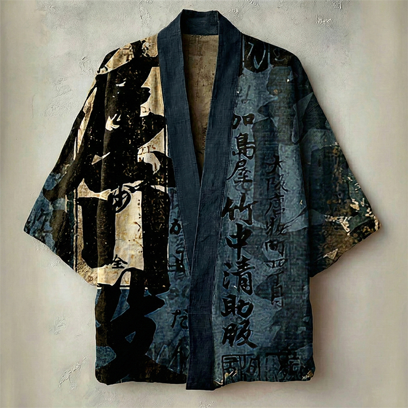 Men's Retro Calligraphy Art Print Casual Linen Kimono - Blue