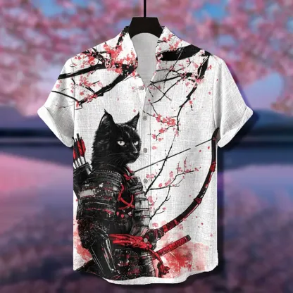Japanese Style Pink Cherry Blossom Tree Under Black Cat Samurai Pattern Casual Cotton Shirt - White