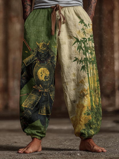 Men's Bamboo Forest And Armored Cat Print Art Linen-cotton Blend Casual Pants - Green