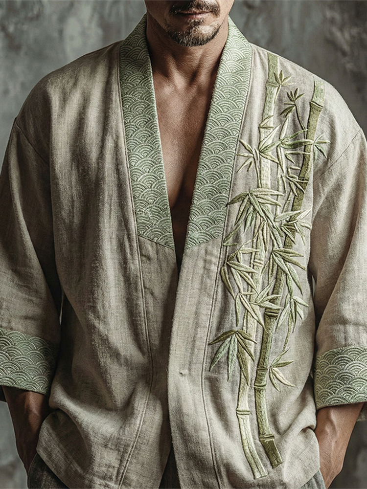 Men's Japanese Bamboo Art Pattern Linen Blend Kimono Cardigan - Beige green