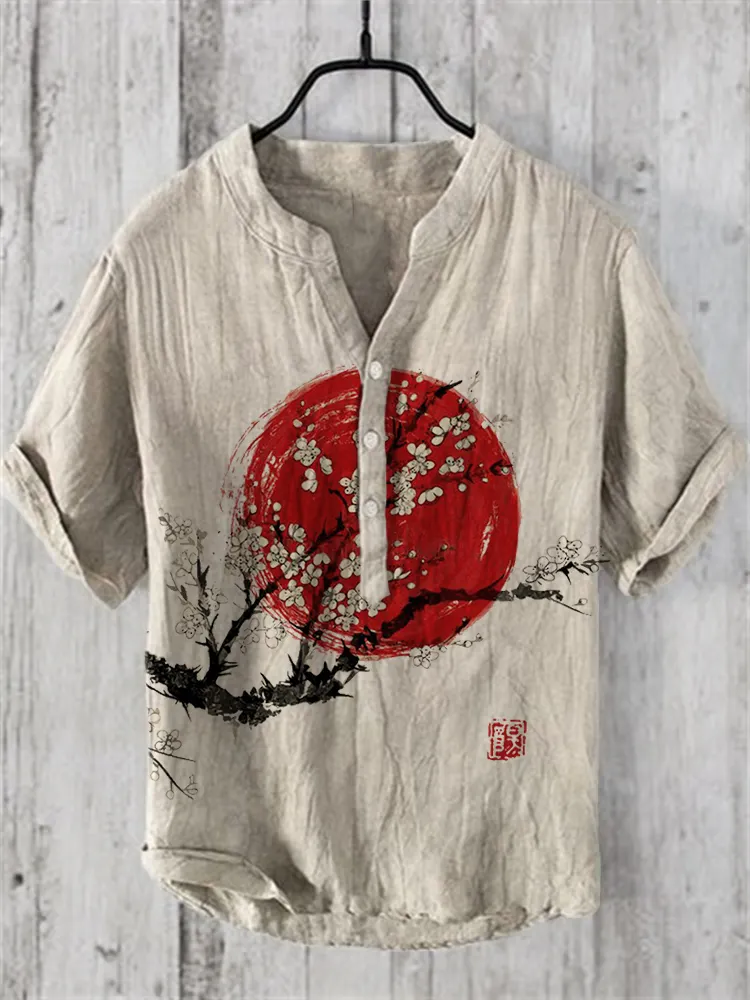 Plum Blossom Sunrise Japanese Art Linen Blend Shirt - Beige