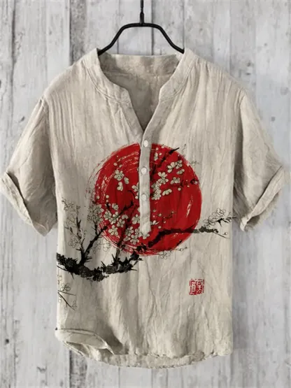 Plum Blossom Sunrise Japanese Art Linen Blend Shirt - Beige