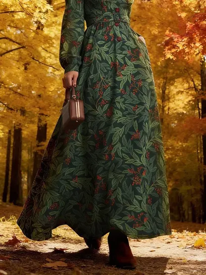 Maxi Linen Dress, Long Sleeves, Shawl Collar, Floral, Button Design, Vintage, Green - Green