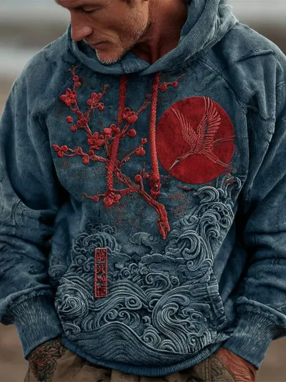 Japanese Plum & Ocean Art Men's Hooded Sweatshirt - Blue