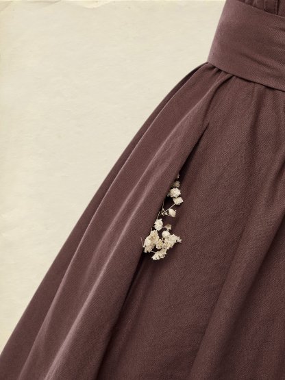 Linen Maxi Dress, Short Sleeve, Lace Collar, Plain, Vintage, CAMEO BROWN - CAMEO BROWN