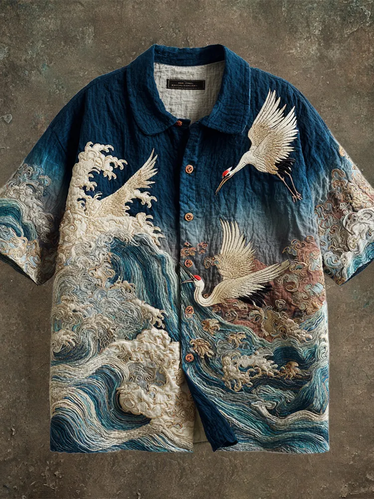 Vintage Japanese Crane Art Men's Linen Short Sleeve Shirt - Blue