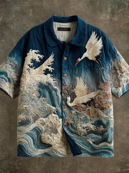 Vintage Japanese Crane Art Men's Linen Short Sleeve Shirt - Blue