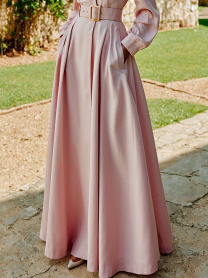 Maxi Cotton Dress, Long Sleeves, Lapel Collar, Plain, Belt Design, Vintage, Light Pink - Light Pink