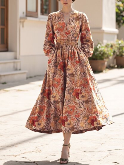 Midi Linen Dress, Long Sleeves, V Neck, Floral, Pocket Design, Vacation, Vintage, Yellow Brown - Yellow Brown