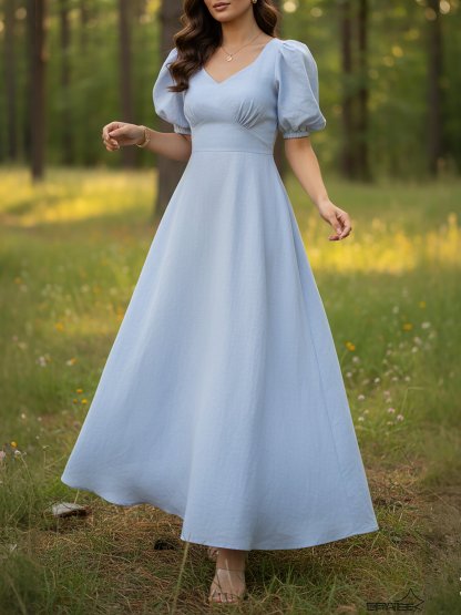 Maxi Linen Dress, Short Sleeves, Sweetheart Neck, Plain, Vintage, Blue - Blue