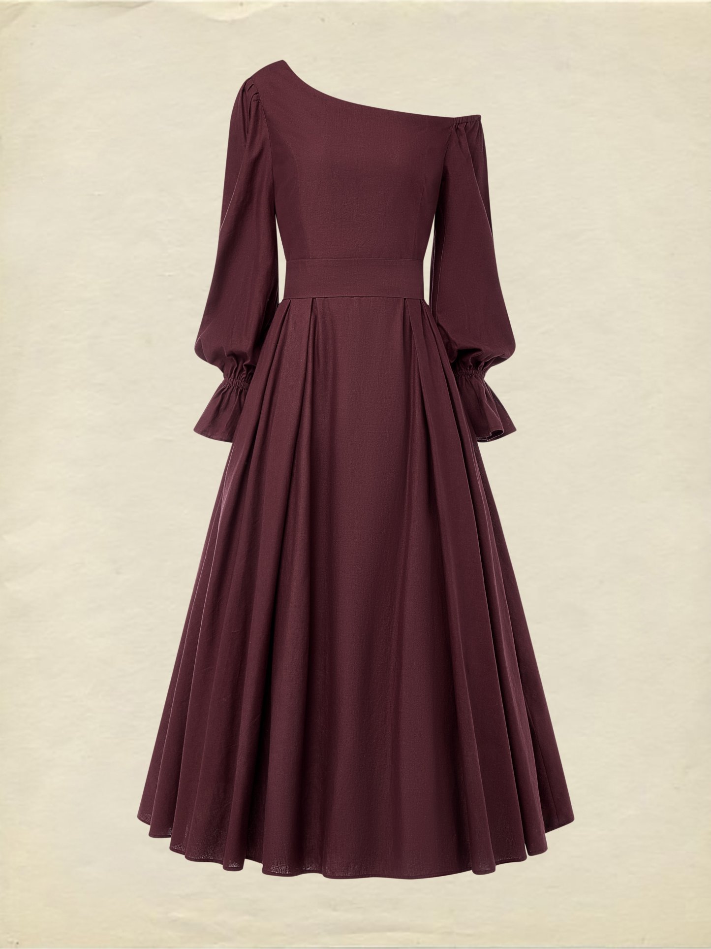 Midi Cotton Dress, Long Sleeves, One Shoulder, Plain, Belt Design, French Vintage, CAMEO BROWN - CAMEO BROWN