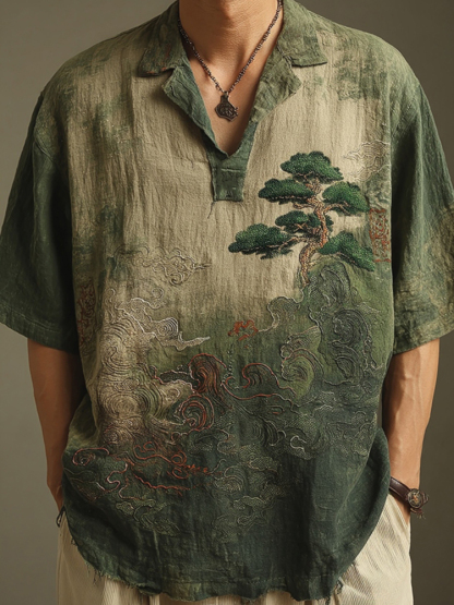 Men's Retro Landscape Embroidery Casual Lapel Short Sleeve Shirt - Grey
