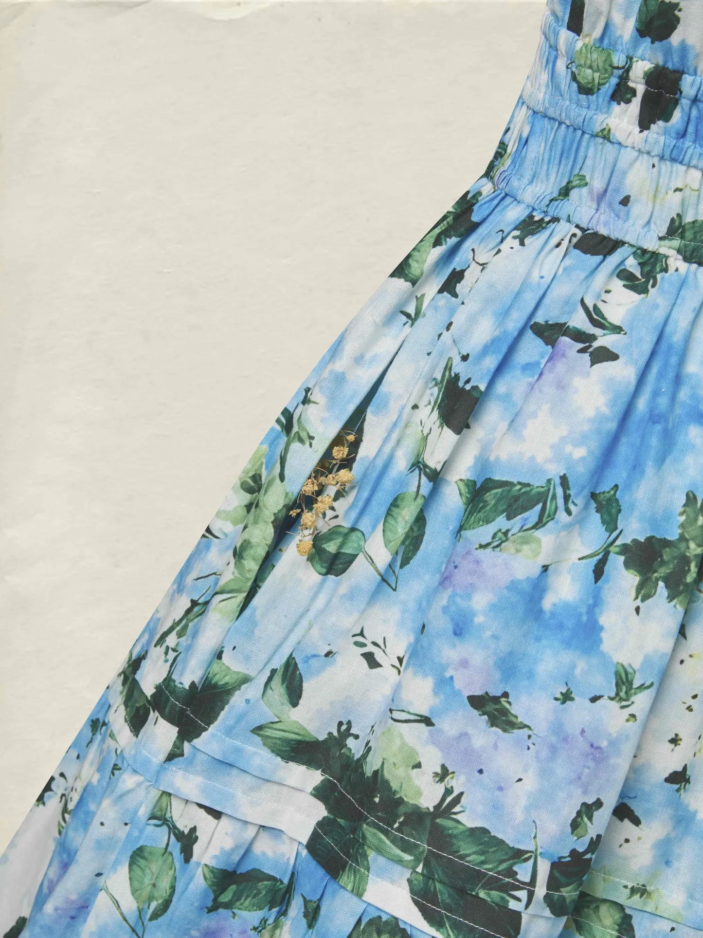 Maxi Cotton Dress, Short Sleeves, V Neck, Floral, Vintage, Blue - Blue