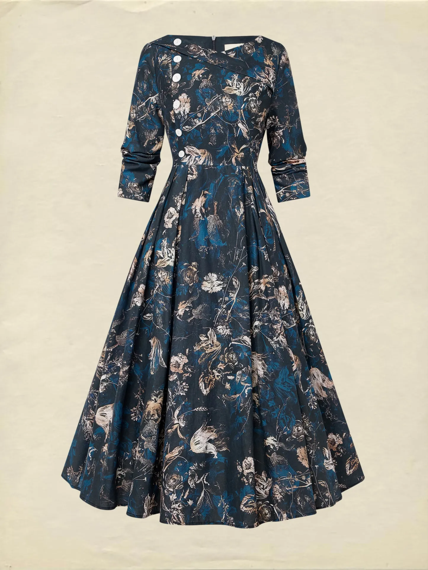 Midi Linen Dress, Long Sleeves, V Neck, Floral, Button Design, Vintage, Deep Blue - Deep Blue