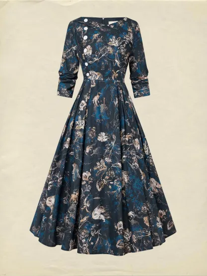 Midi Linen Dress, Long Sleeves, V Neck, Floral, Button Design, Vintage, Deep Blue - Deep Blue