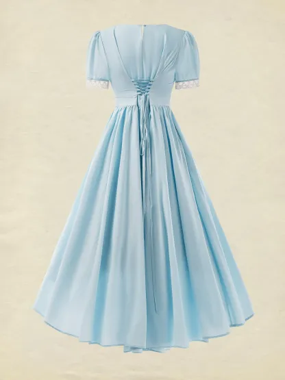 Cotton Maxi Dress, Vintage, Plain, Summer, Lace Collar, Short Sleeve, Blue - Sky Blue