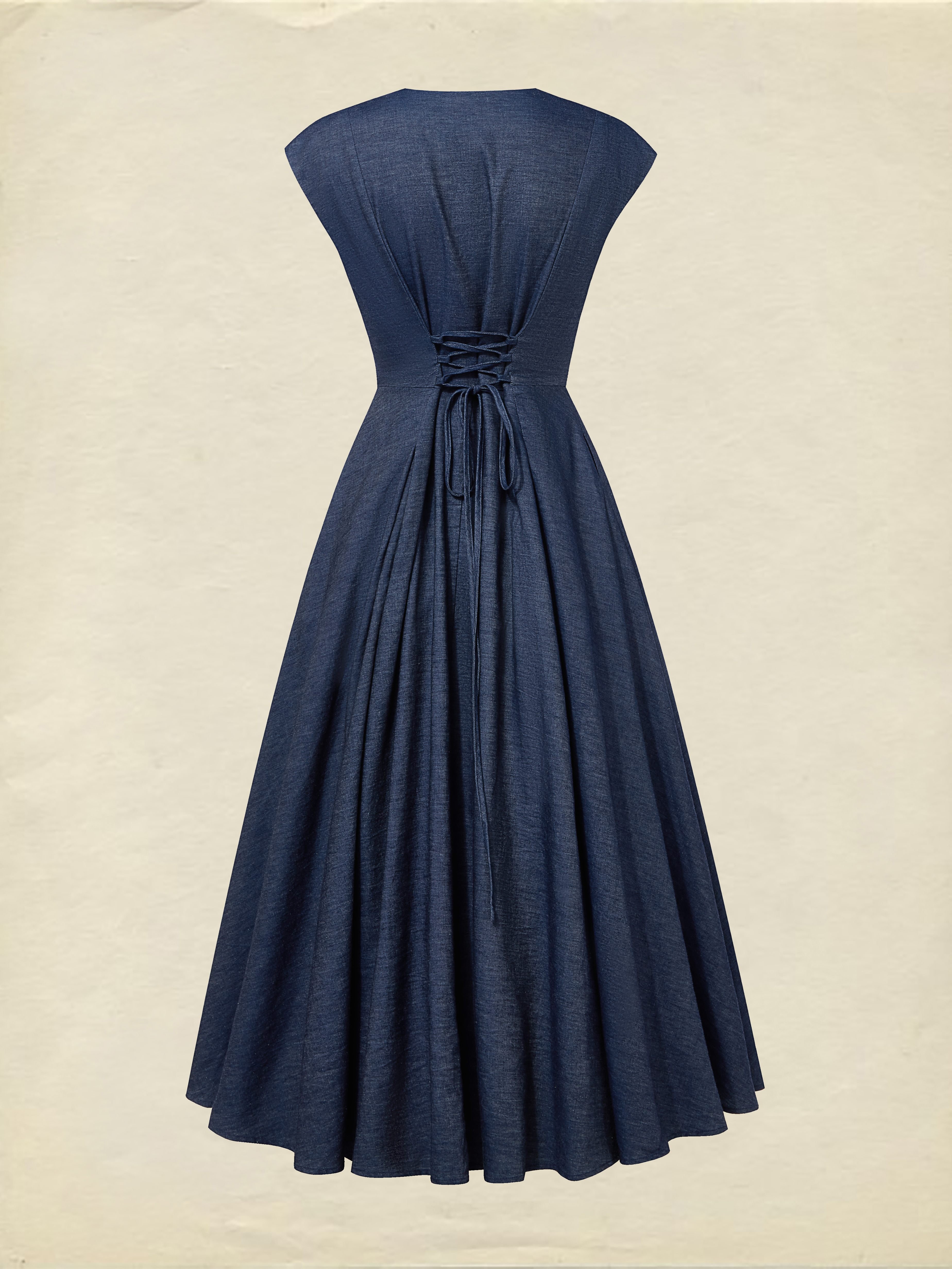 Maxi Linen Denim Dress, Short Sleeves, Sweetheart Neckline, Plain, Lace, Vintage, Blue - Blue