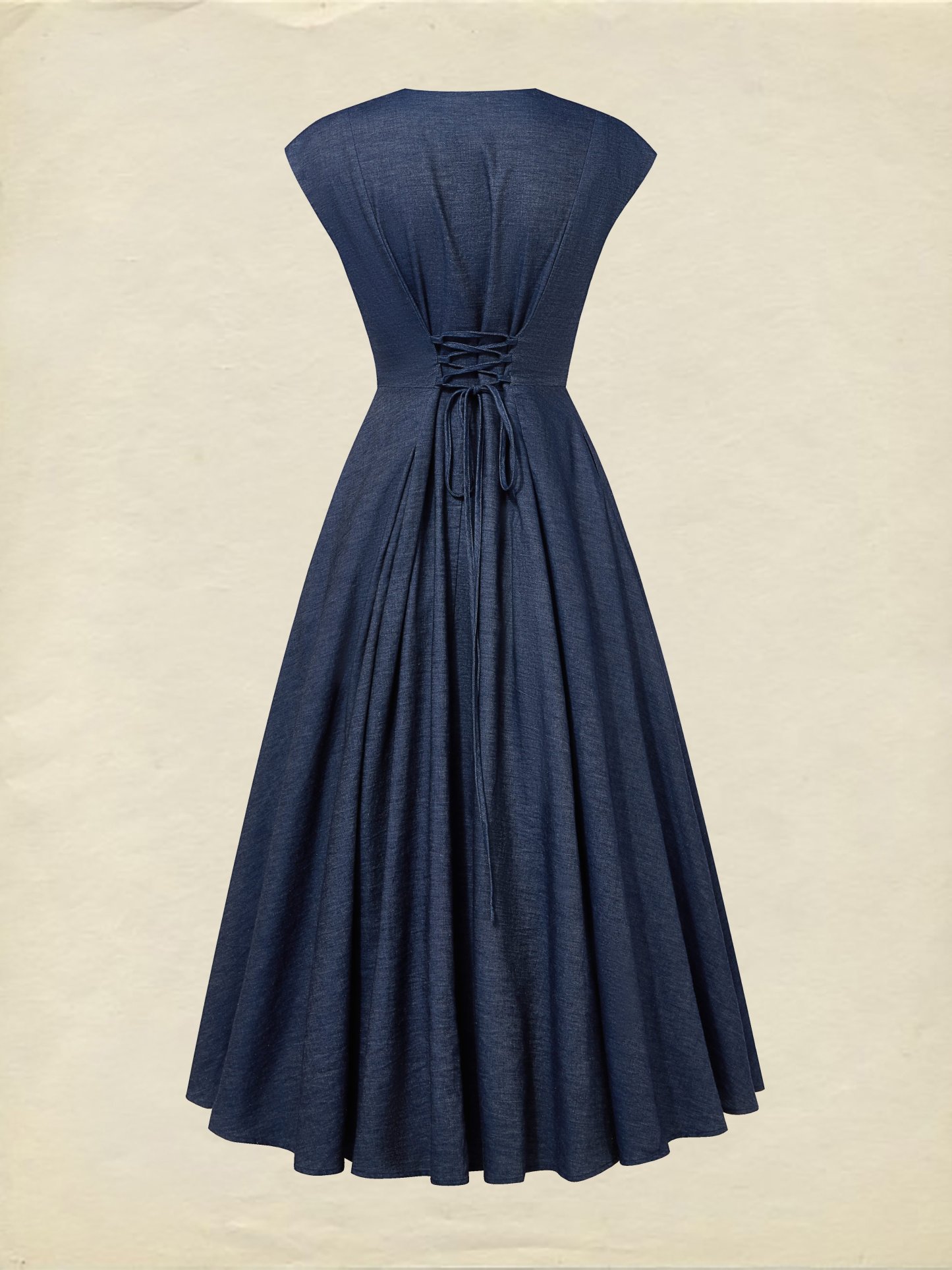Maxi Linen Denim Dress, Short Sleeves, Sweetheart Neckline, Plain, Lace, Vintage, Blue - Blue
