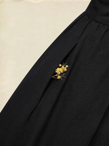 Maxi Linen Dress, Half Sleeve, V Neck, Plain, Button Design, Vintage, Black - Black