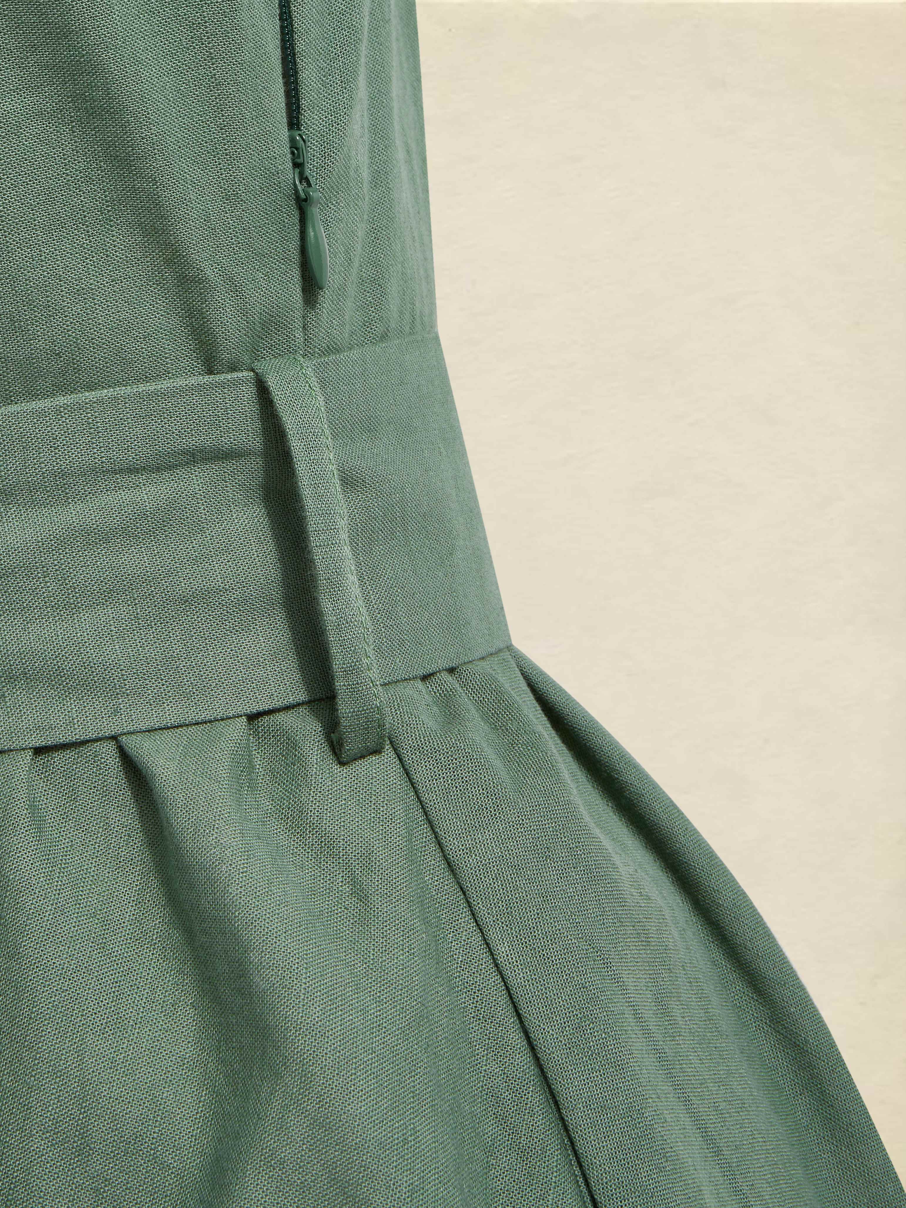 Midi Linen Dress, Half Sleeve,  Linen Blend, Plain, Renaissance, Green - Green