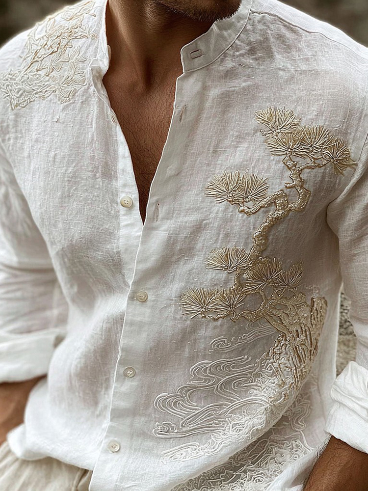 Men's Vintage Pine Tree Art Pattern Linen Blend Shirt - White