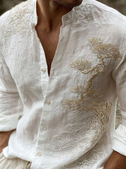 Men's Vintage Pine Tree Art Pattern Linen Blend Shirt - White
