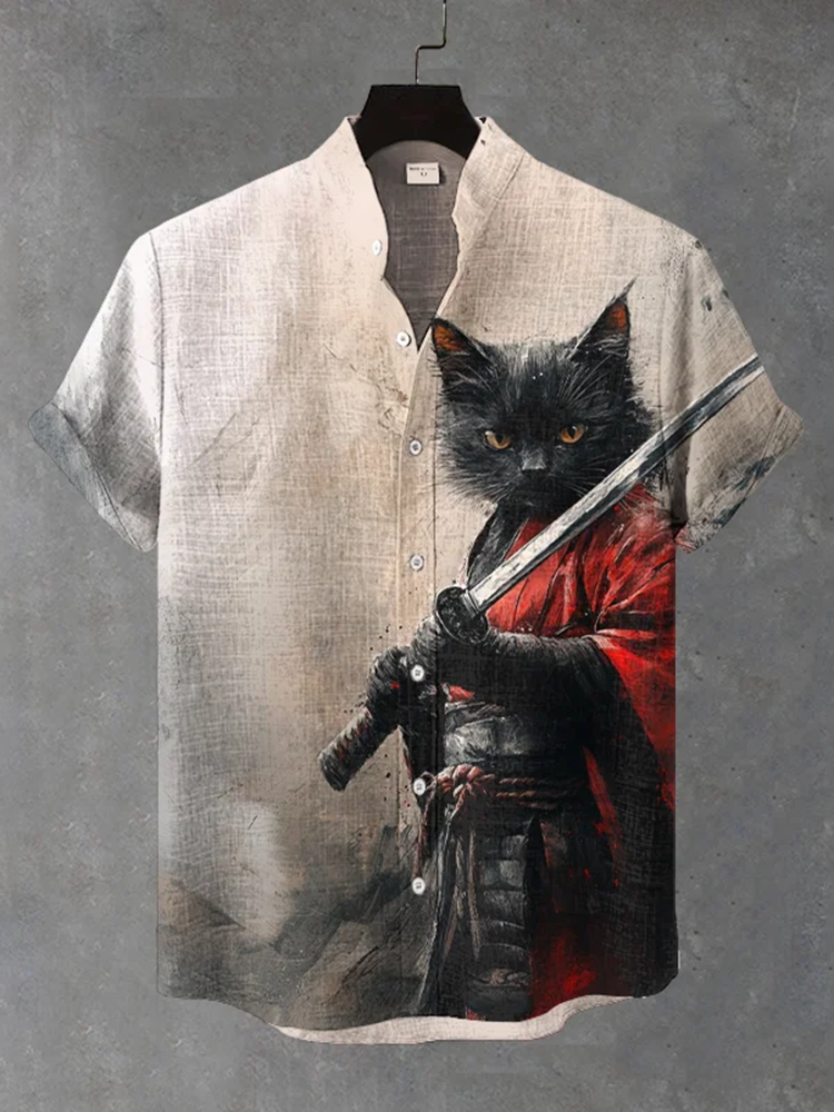 Men's Black Cat Samurai Ink Art Linen Blend Cozy Shirt - Beige