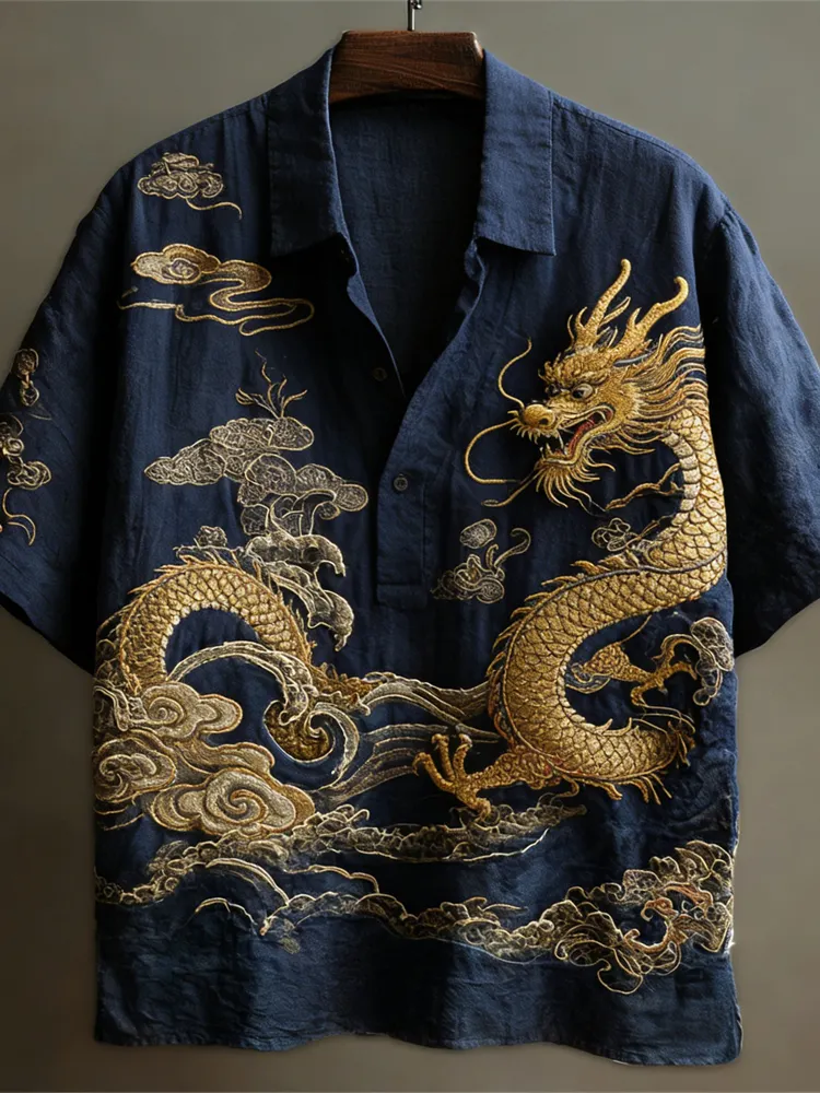 Japanese Dragon Totem Art Linen Short Sleeve Shirt - Navy blue