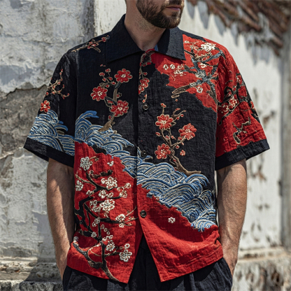 Men's Japanese Cherry Blossom And Wave Art Pattern Short Sleeve Shirt - Black red