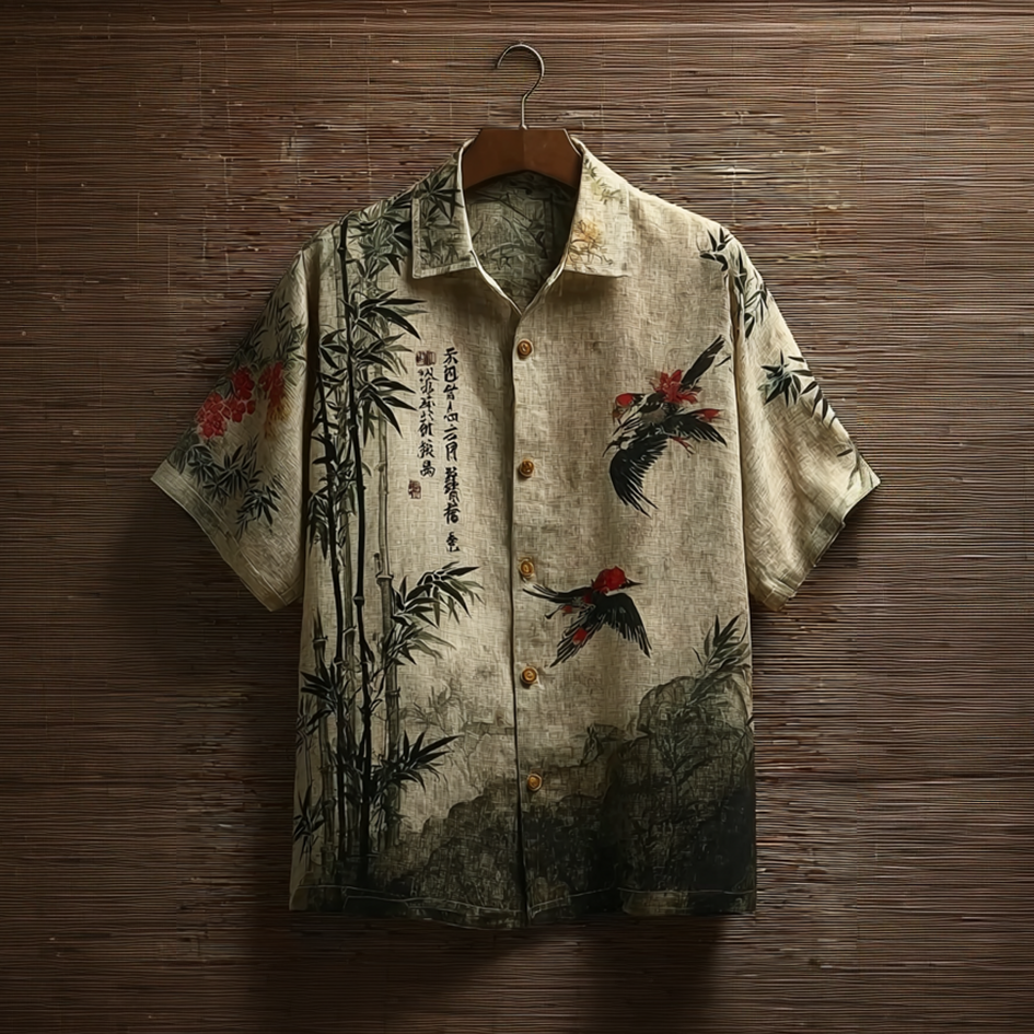 Japanese Art Retro Style Birds And Flowers Pattern Men's Short Sleeve Shirt - Beige