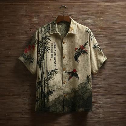 Japanese Art Retro Style Birds And Flowers Pattern Men's Short Sleeve Shirt - Beige